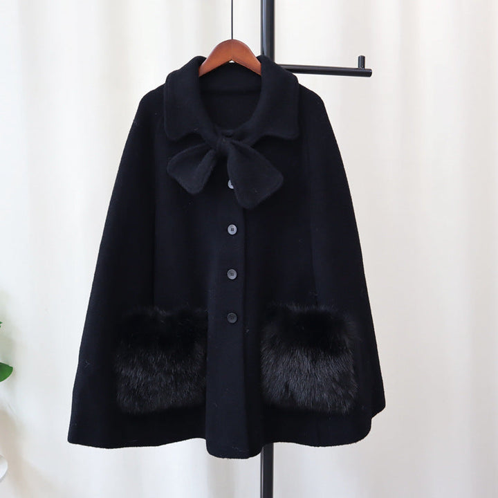 Women's Winter Cape Coat - Button Up with Fur Pocket - Bow Collar Design