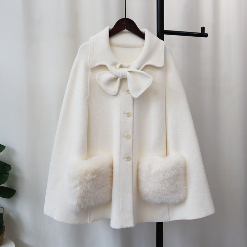 Women's Winter Cape Coat - Button Up with Fur Pocket - Bow Collar Design