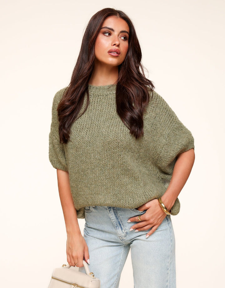 Army Green Knitted Wool 3/4 Sleeve - Sweater