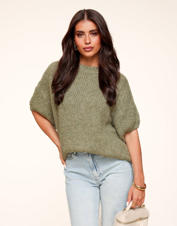 Army Green Knitted Wool 3/4 Sleeve - Sweater