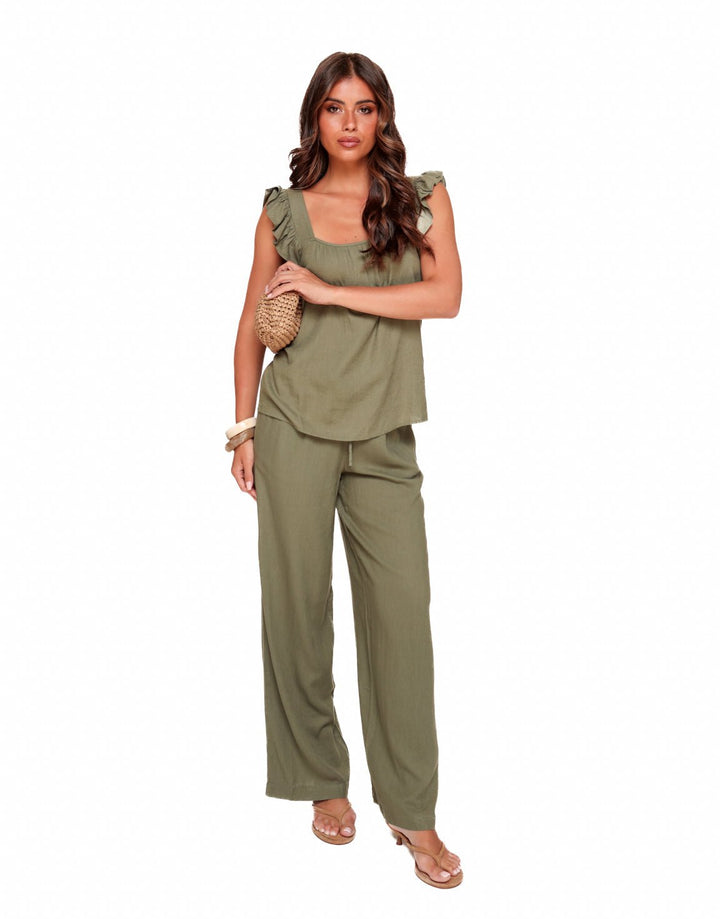 Army Green Sleeveless Linen - Top