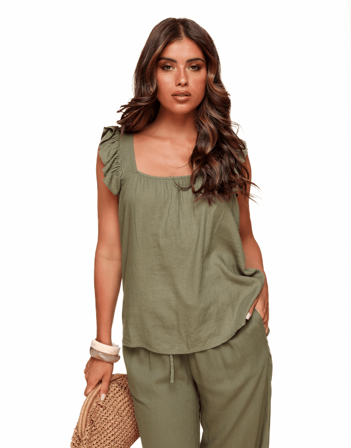Army Green Sleeveless Linen - Top