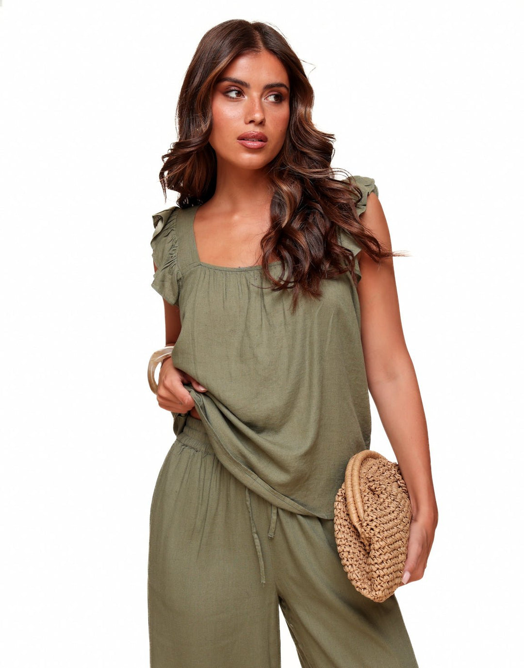 Army Green Sleeveless Linen - Top