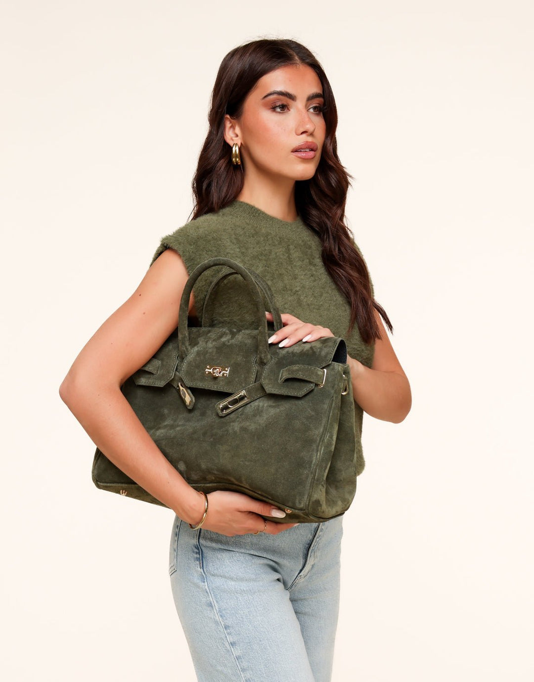 Army Groene Suede Grote Gouden Detail - Tas