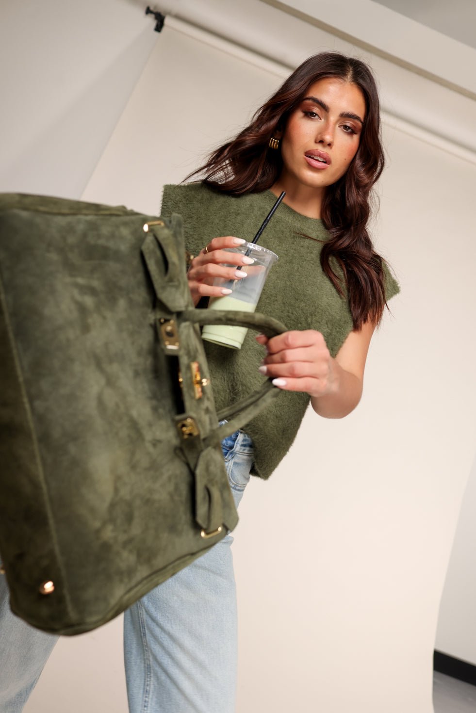 Army Groene Suede Grote Gouden Detail - Tas