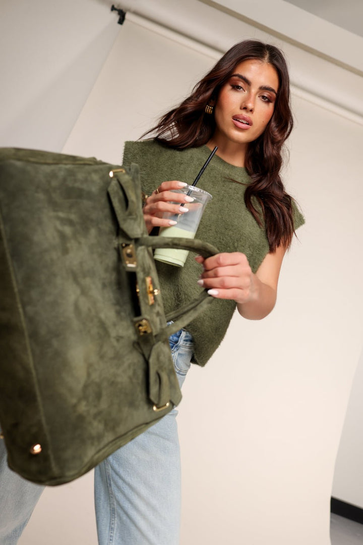 Army Groene Suede Grote Gouden Detail - Tas