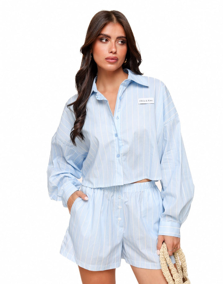 Baby Blauwe Gestreepte Cropped - Blouse