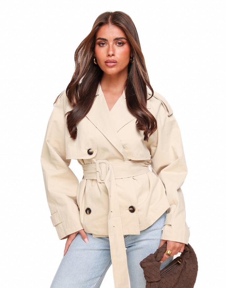 Beige Cropped Classic Trench Coat - Jacket