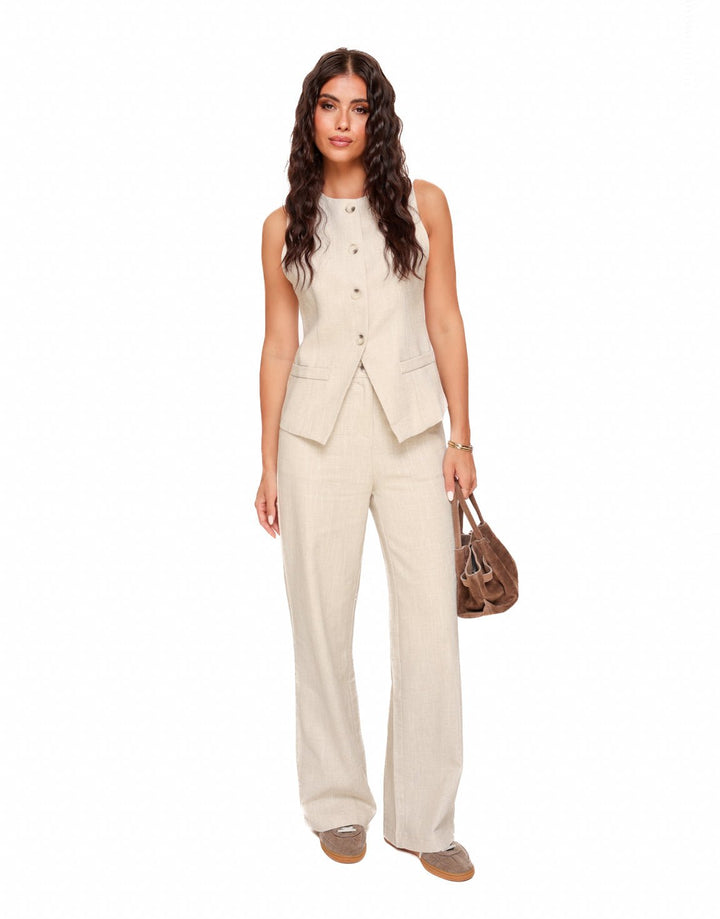 Beige Wide Linen - Pantalon