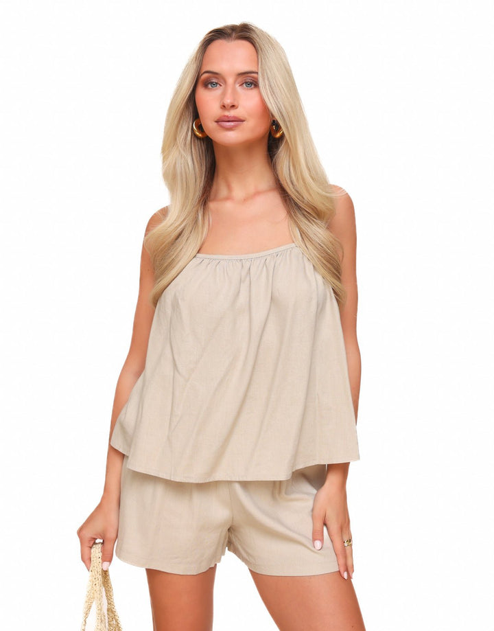 Beige Linen Open Back Halter - Top