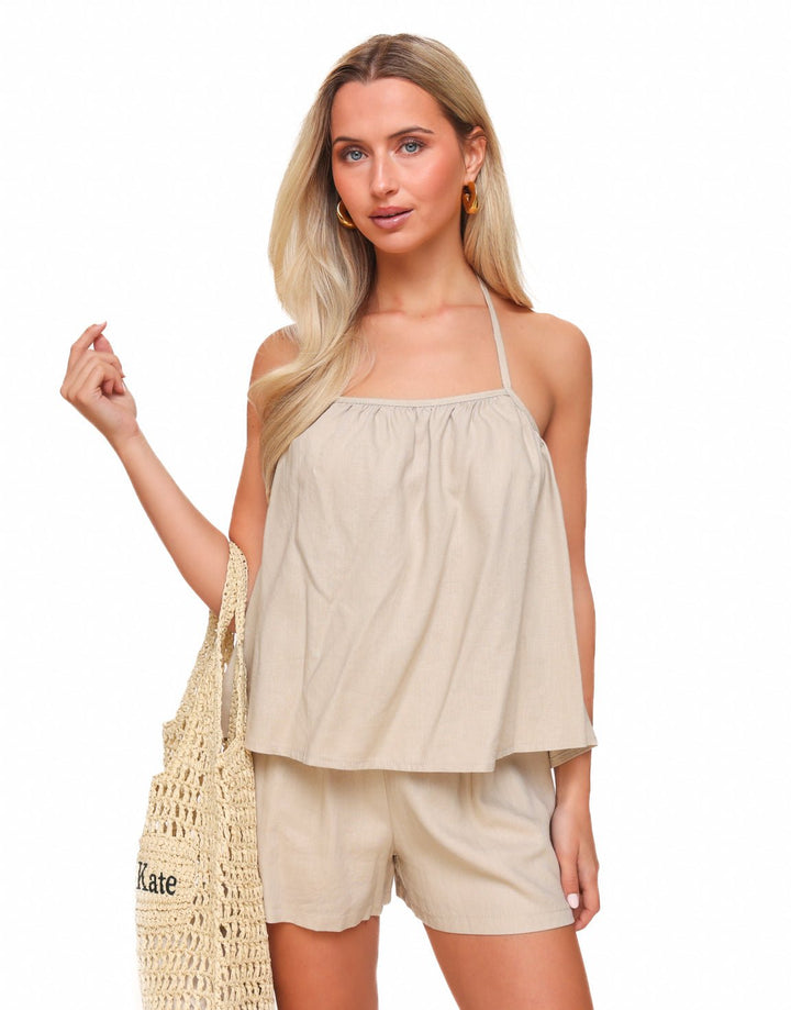 Beige Linen Open Back Halter - Top
