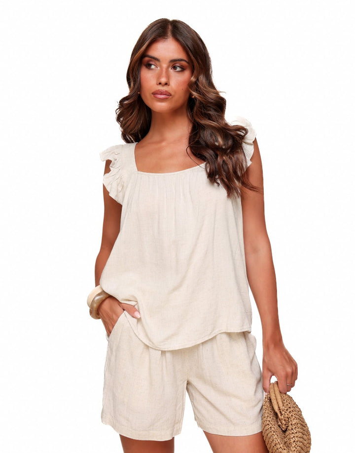 Beige Sleeveless Linen - Top