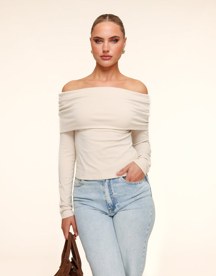 Beige Knitted Off Shoulder Top