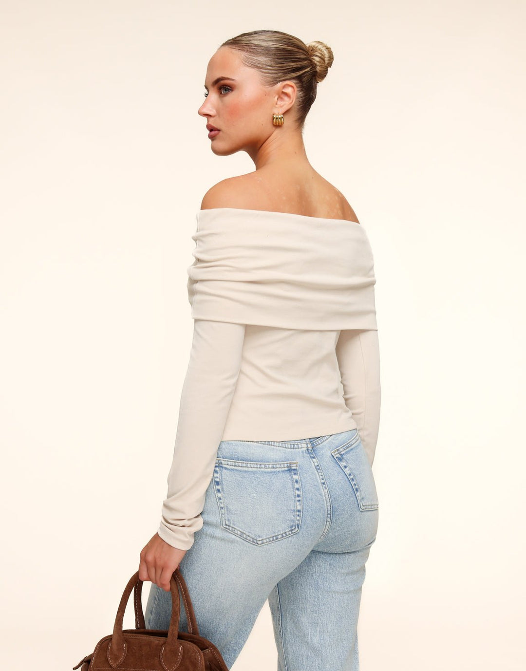 Beige Knitted Off Shoulder Top