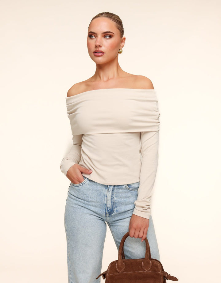 Beige Knitted Off Shoulder Top