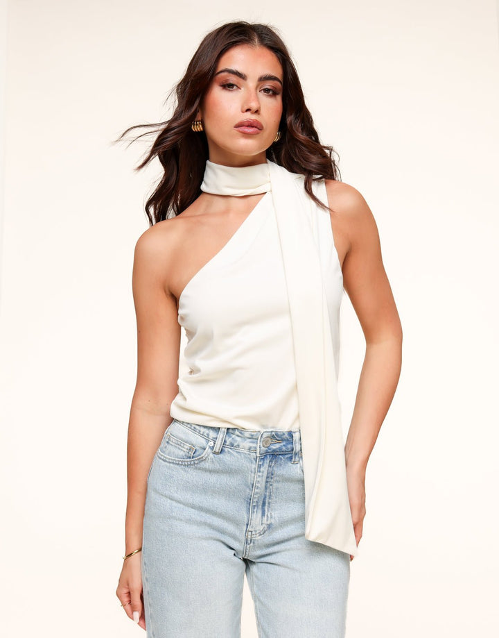 Beige One Shoulder Sjaal Detail - Top