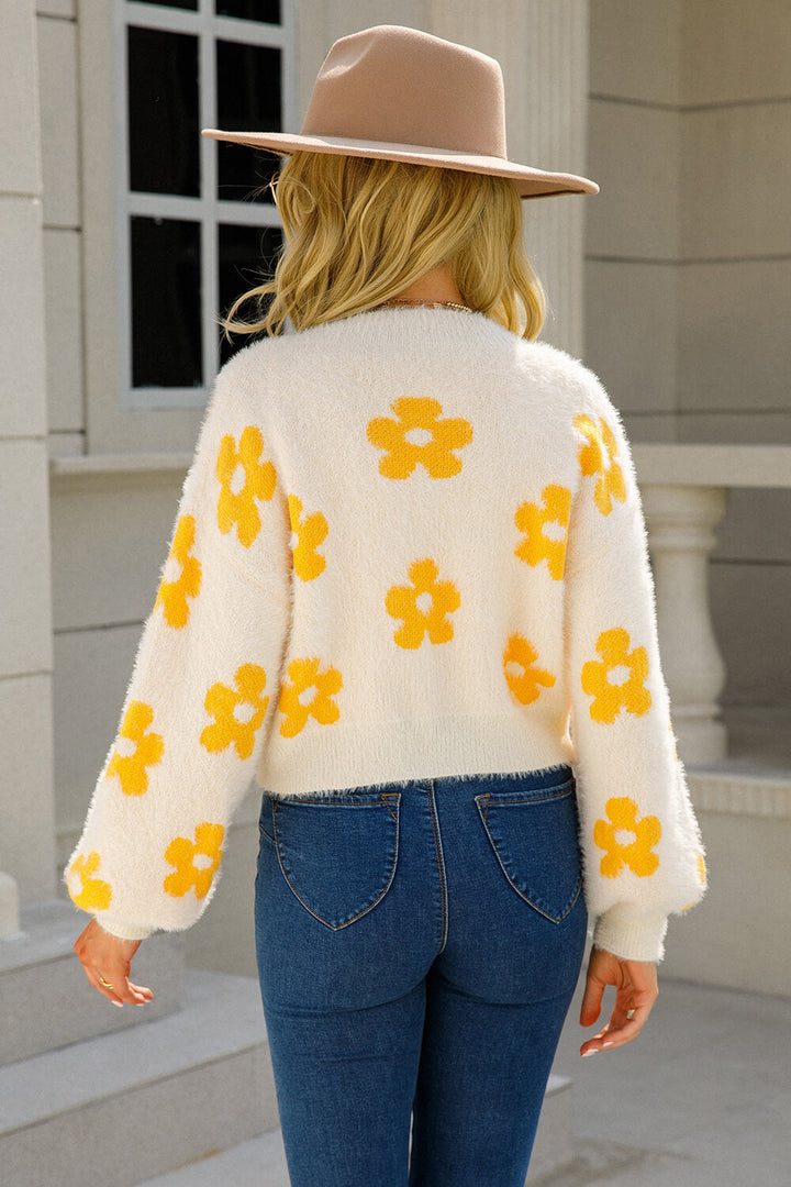 Beige Bloom Fuzzy Knit Cardigan