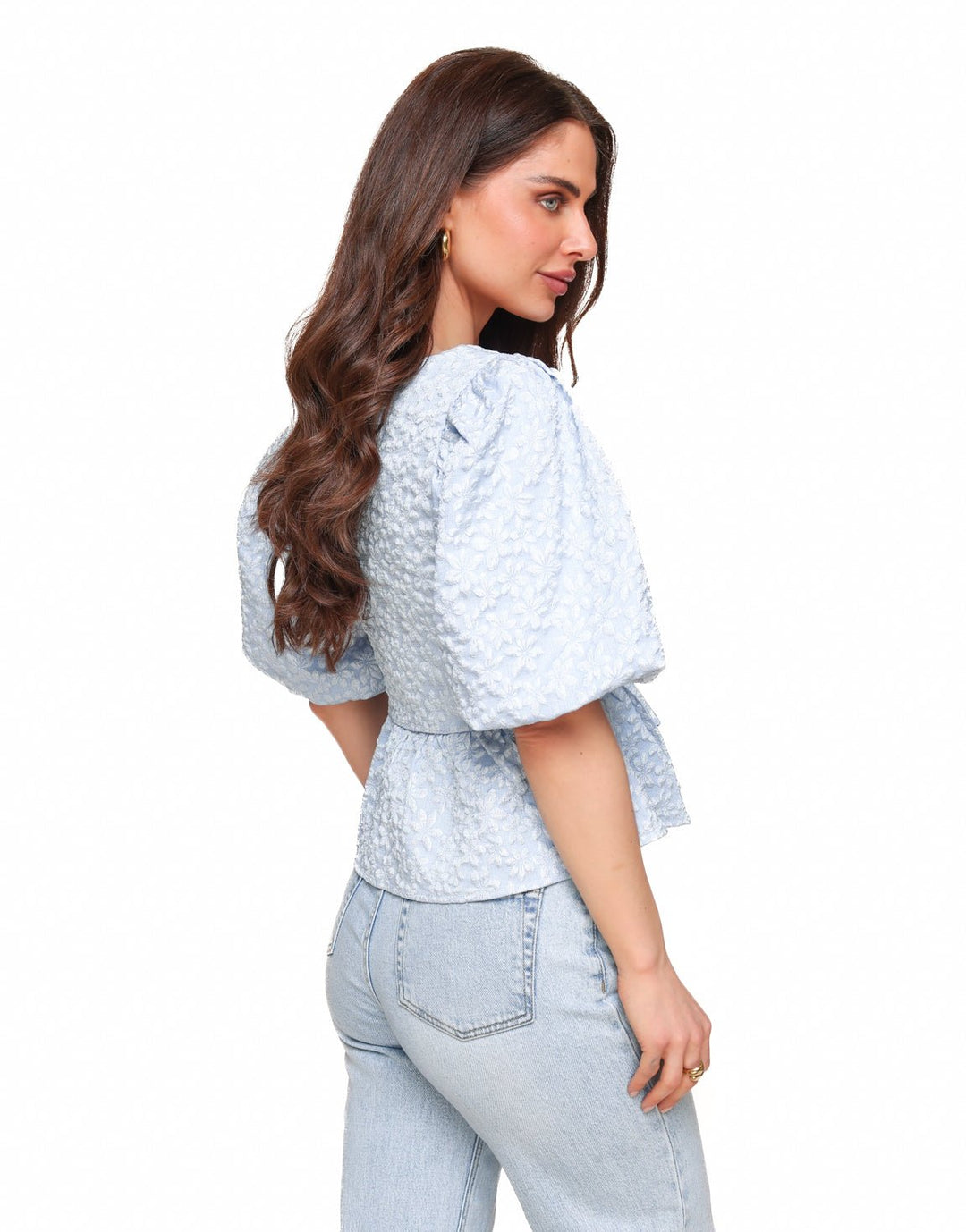 Blue Flowers Bows Puff Sleeves SS - Top