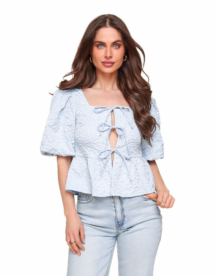 Blue Flowers Bows Puff Sleeves SS - Top