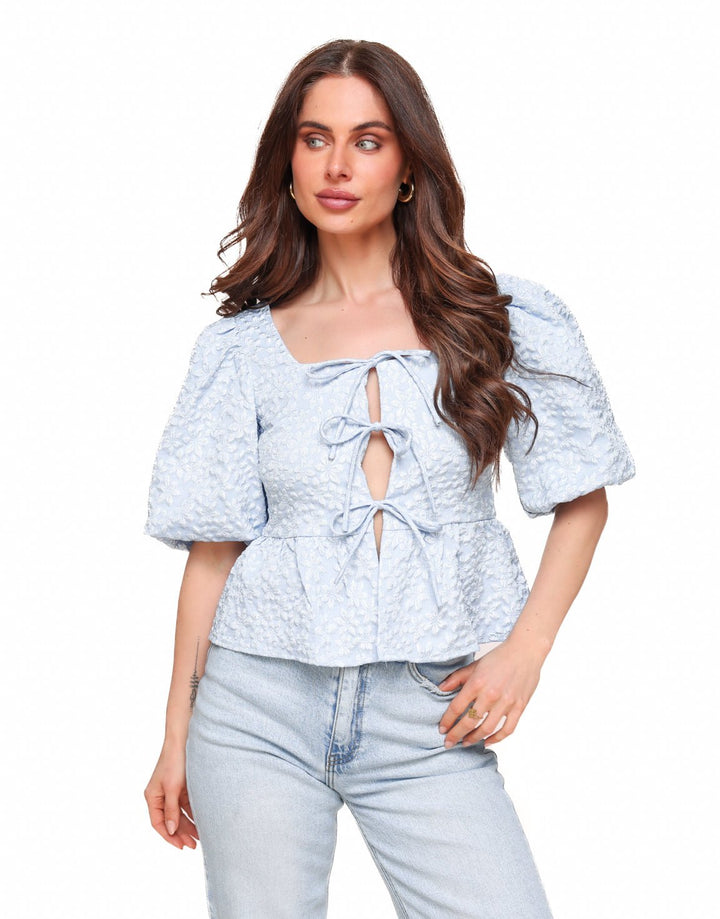 Blue Flowers Bows Puff Sleeves SS - Top