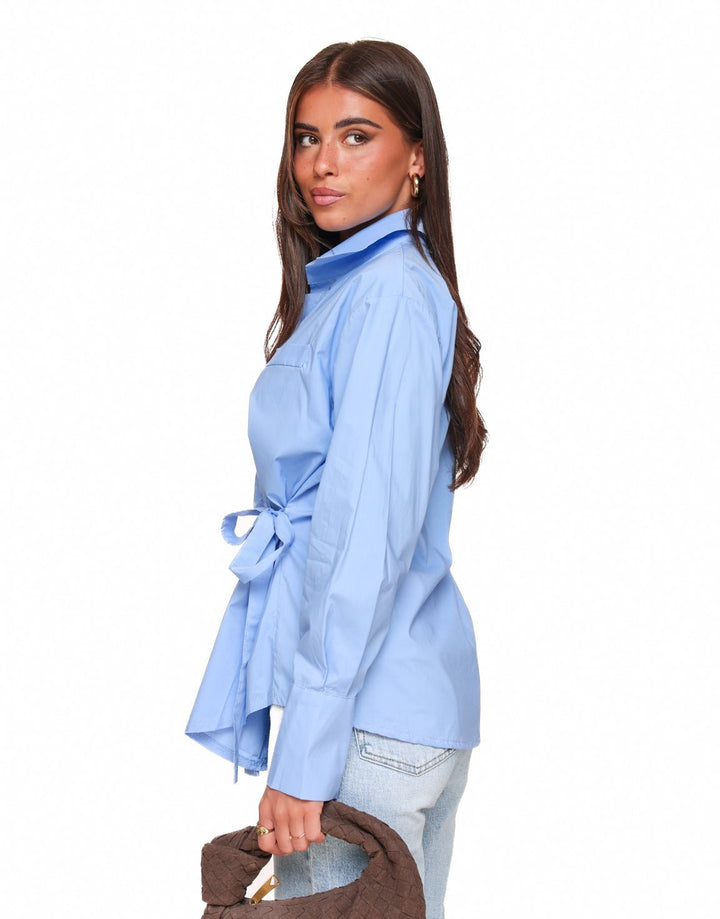 Blue Fitted Slanted Bow - Blouse
