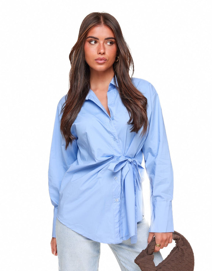 Blue Fitted Slanted Bow - Blouse