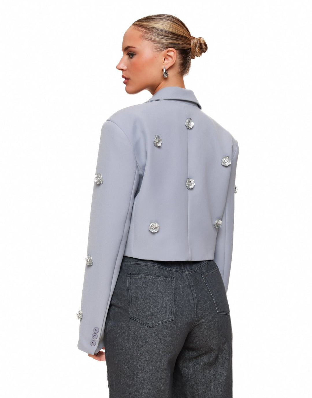 Blue Gray Statement Flower Cropped - Blazer