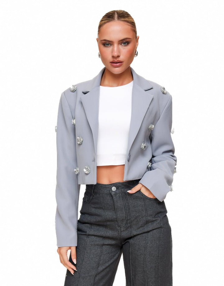 Blue Gray Statement Flower Cropped - Blazer