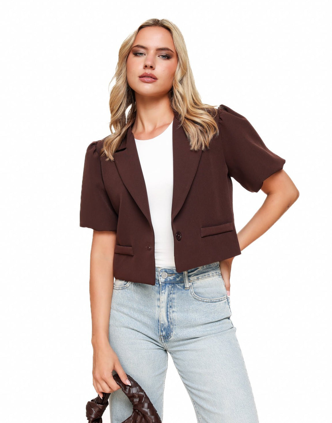 Brown Cropped Puff Sleeves - Blazer