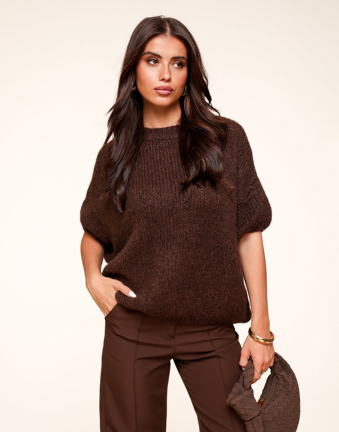Brown Knitted Wool 3/4 Sleeve - Sweater