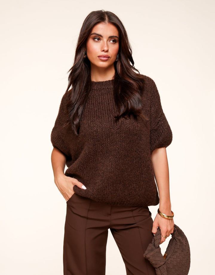 Brown Knitted Wool 3/4 Sleeve - Sweater