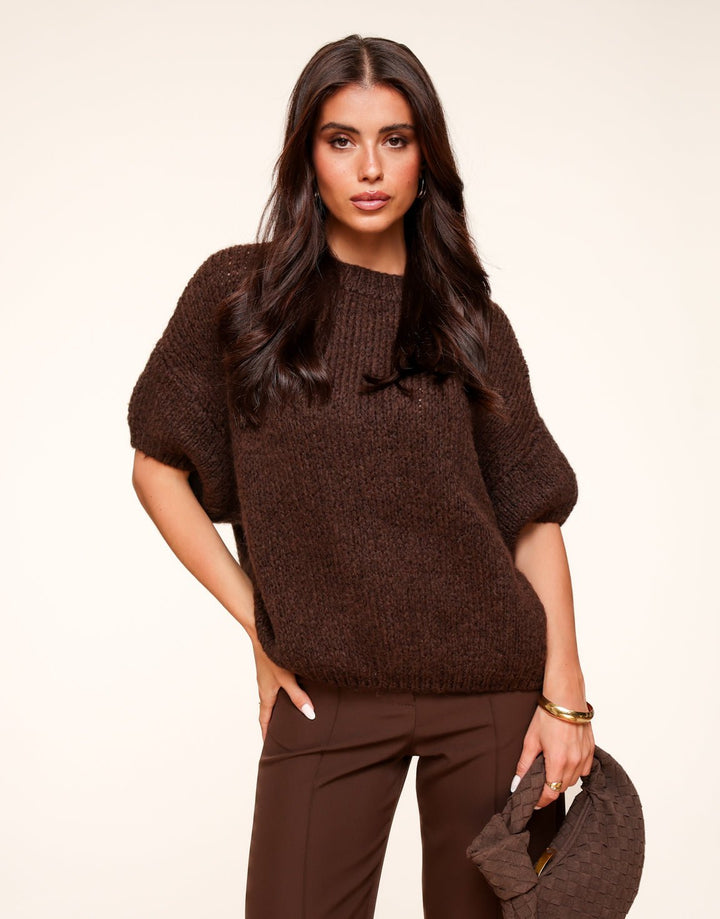 Brown Knitted Wool 3/4 Sleeve - Sweater
