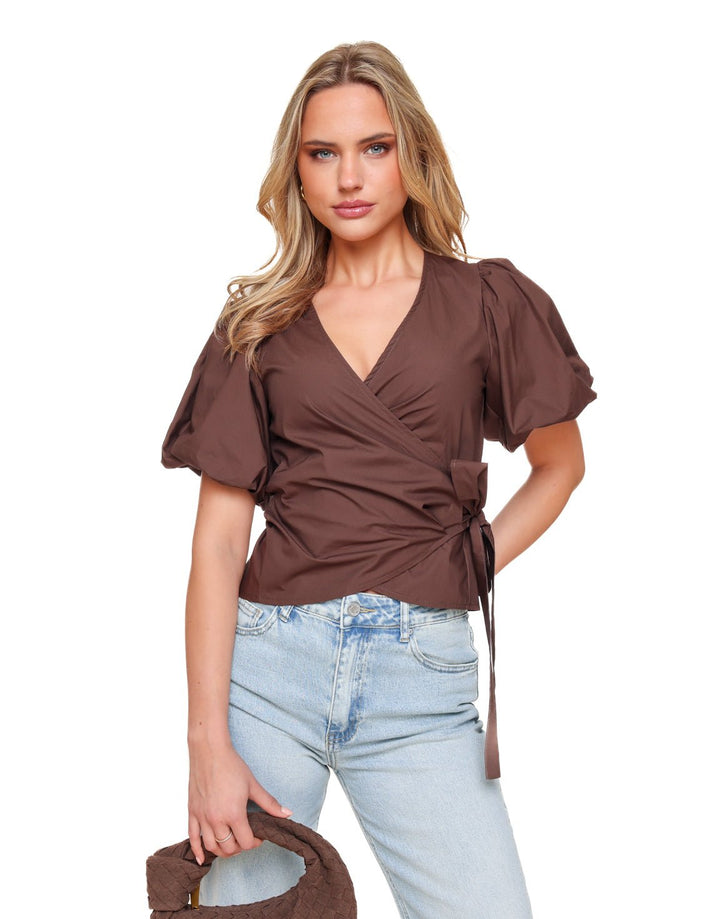 Brown Short Puff Sleeve Wrap - Top
