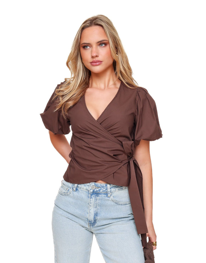Brown Short Puff Sleeve Wrap - Top