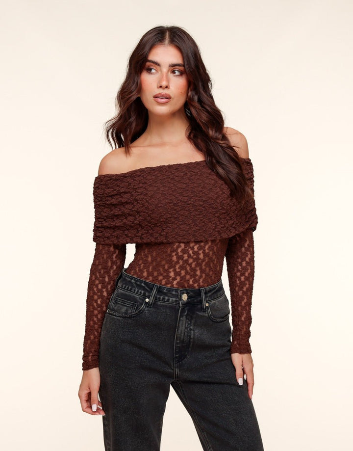 Brown Turn-Down Off-Shoulder Top