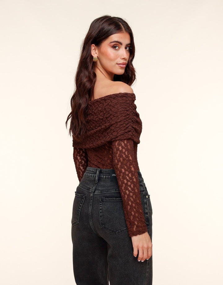 Brown Turn-Down Off-Shoulder Top