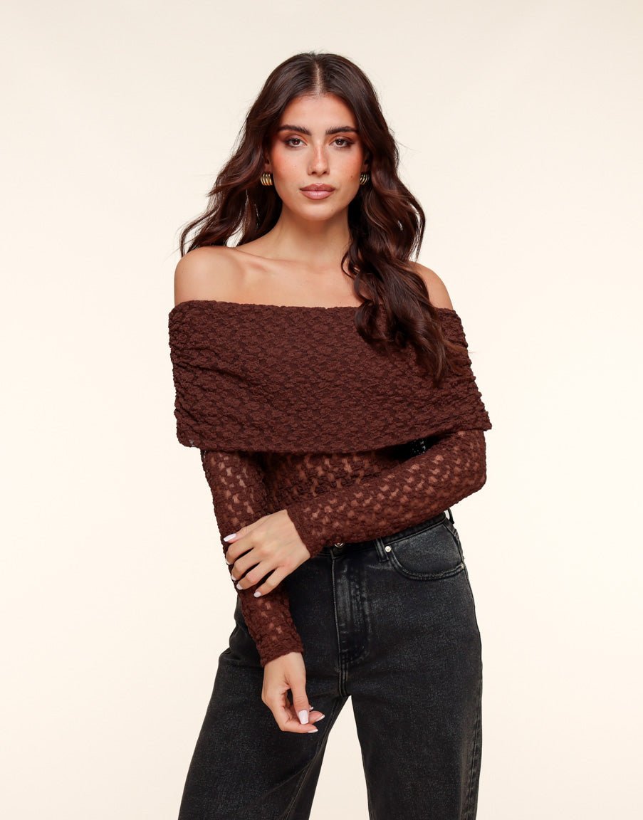 Brown Turn-Down Off-Shoulder Top