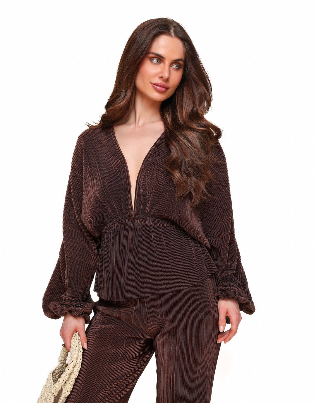 Bruine Plisse V-hals - Top