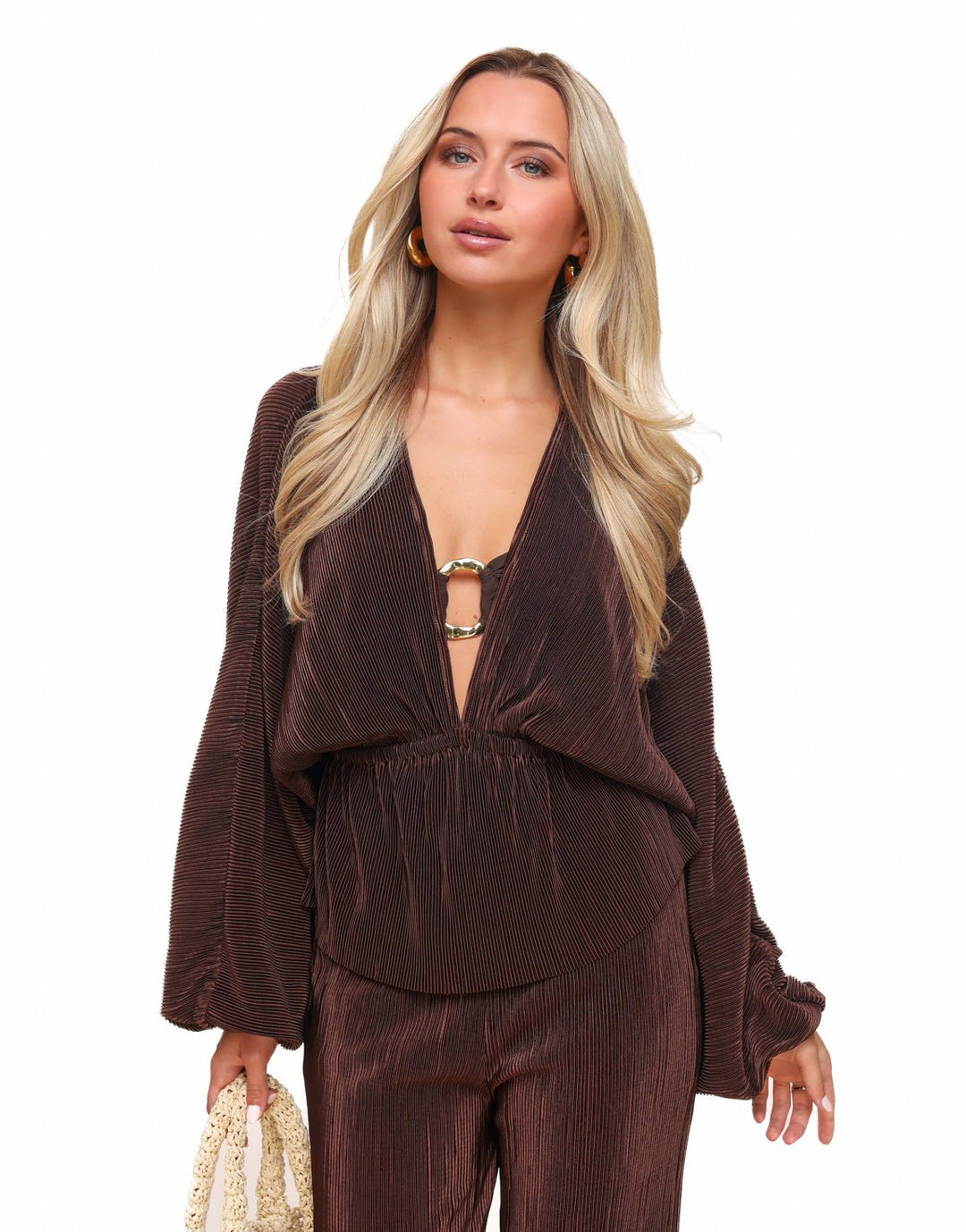 Bruine Plisse V-hals - Top