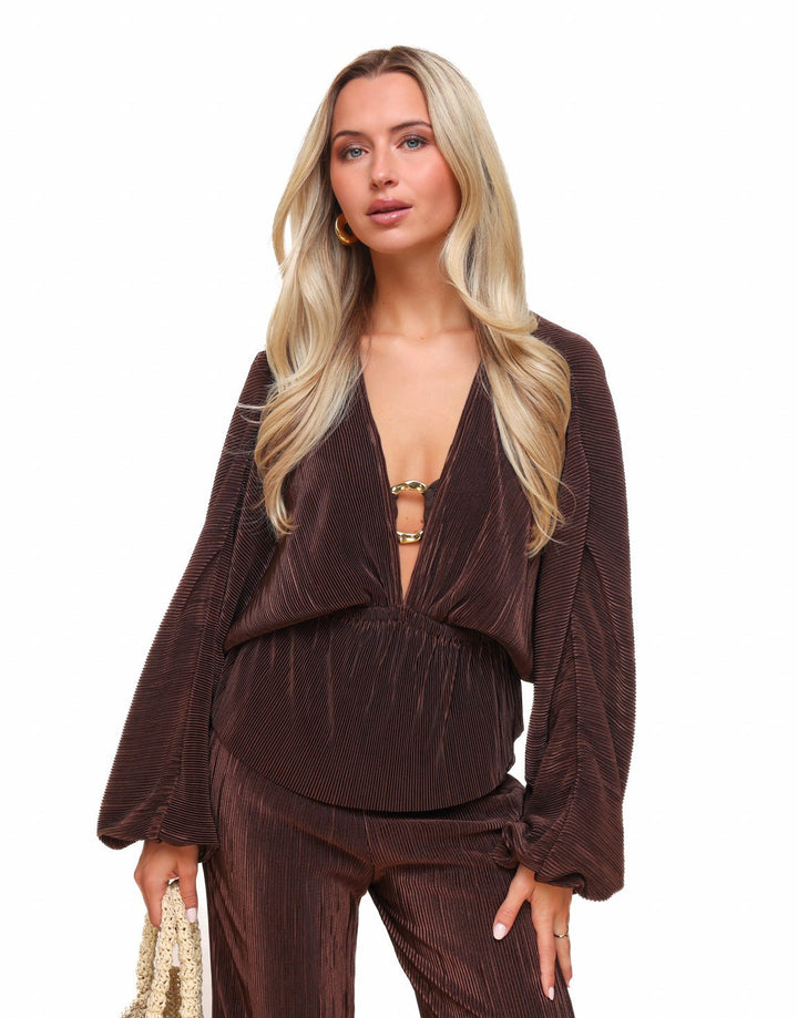 Bruine Plisse V-hals - Top