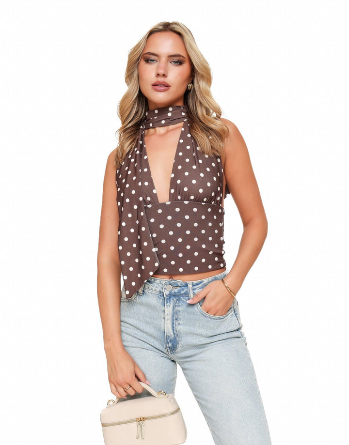 Brown Polka Dot Halter - Top