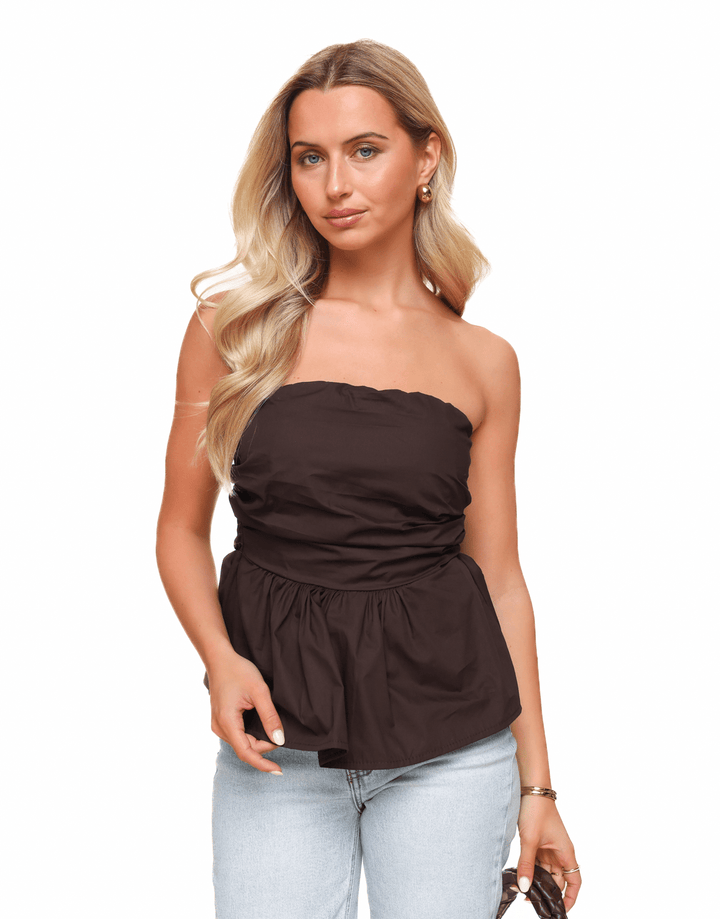 Brown Strapless Peplum - Top