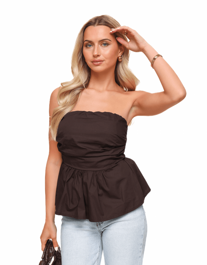 Brown Strapless Peplum - Top