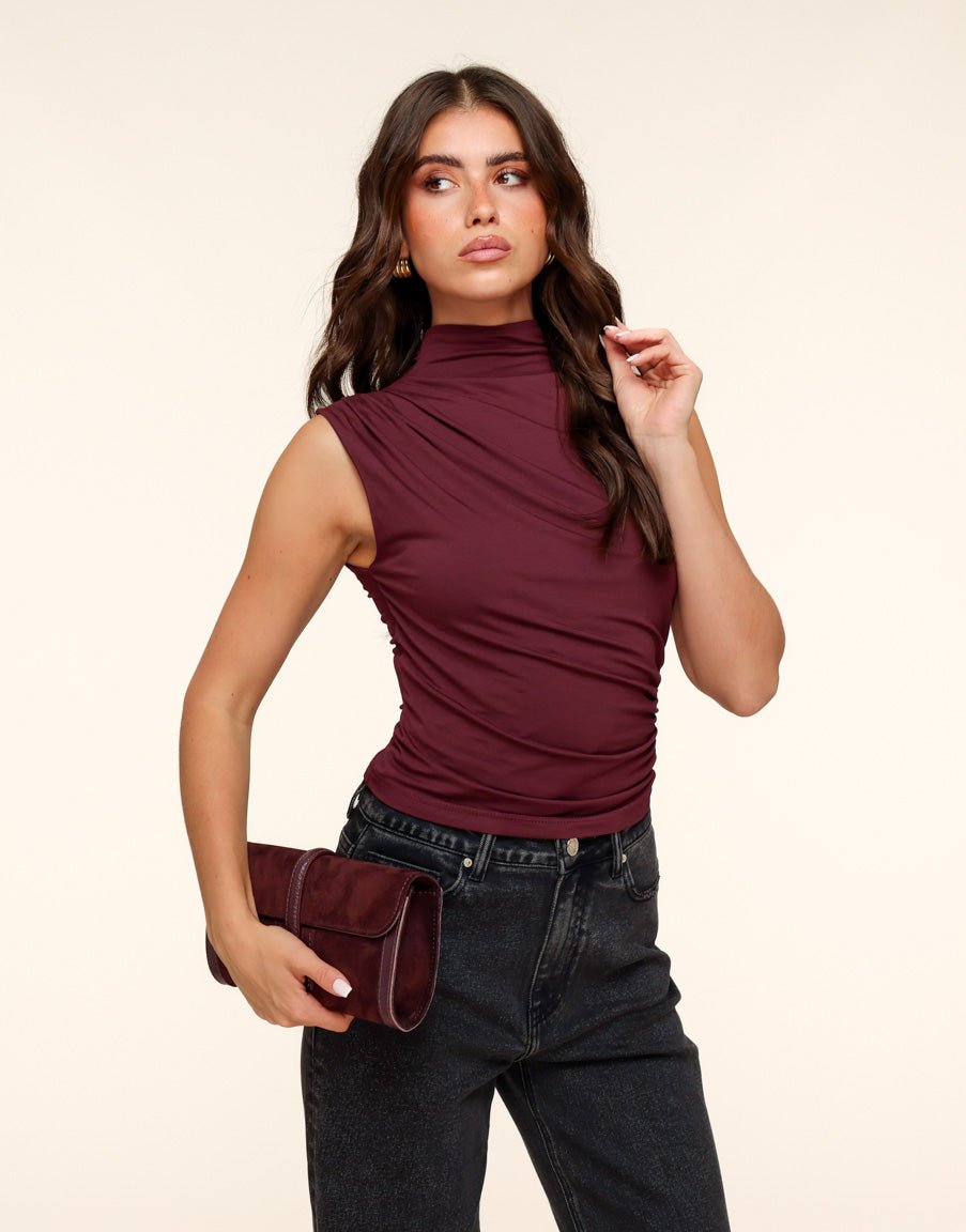 Burgundy Pleated Collar SS - Top