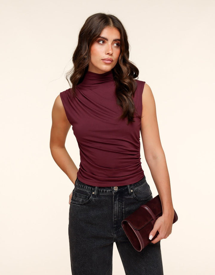 Burgundy Pleated Collar SS - Top
