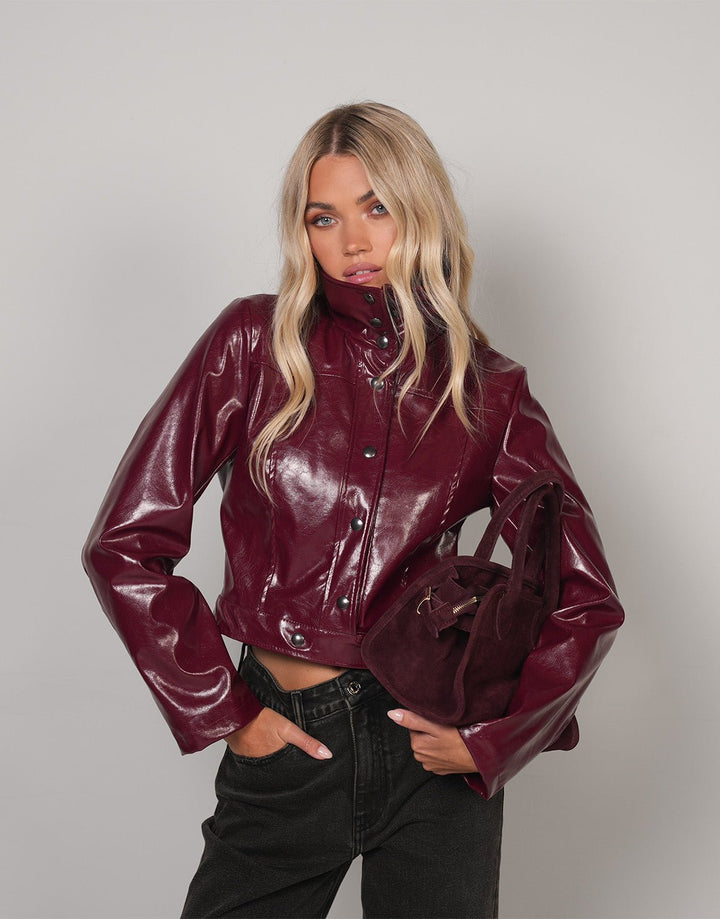 Burgundy Shiny Fitted PU Leather Jacket