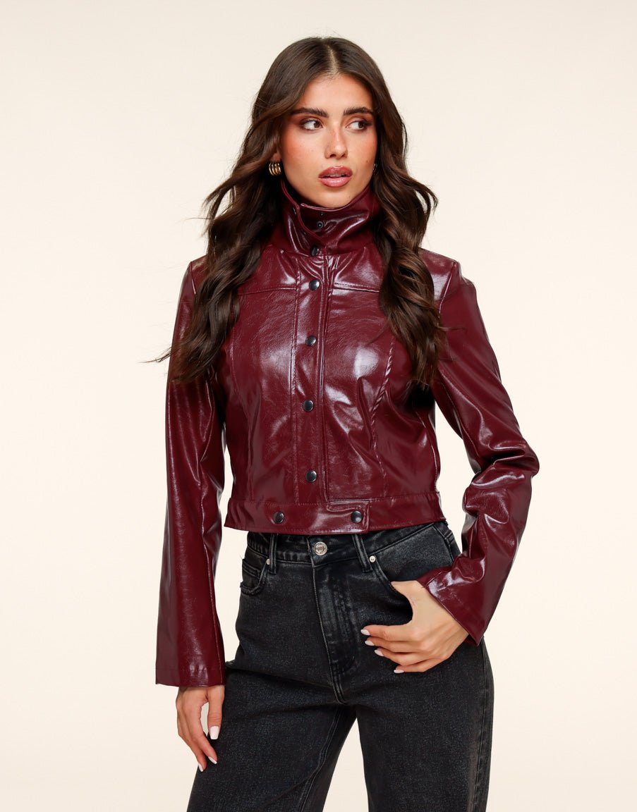 Burgundy Shiny Fitted PU Leather Jacket
