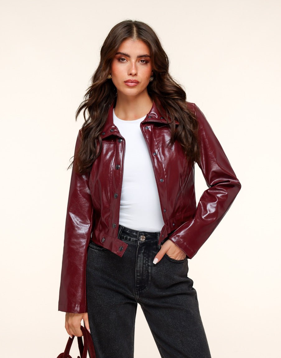 Burgundy Shiny Fitted PU Leather Jacket
