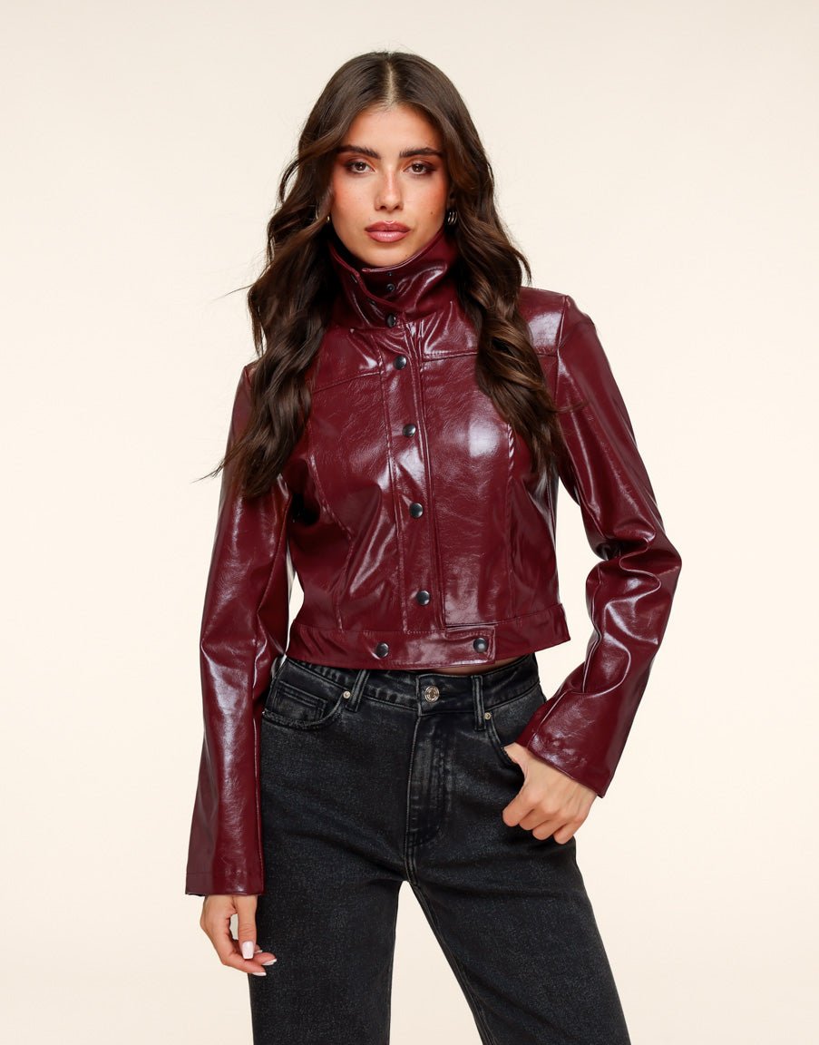 Burgundy Shiny Fitted PU Leather Jacket