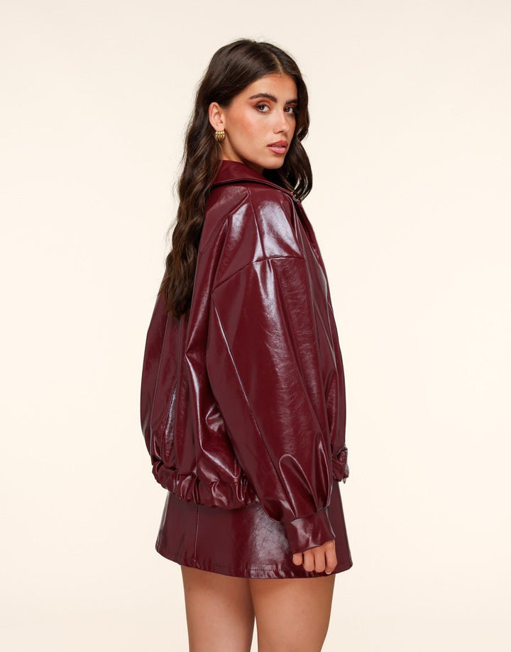 Burgundy Shiny PU Leather Bomber Jacket